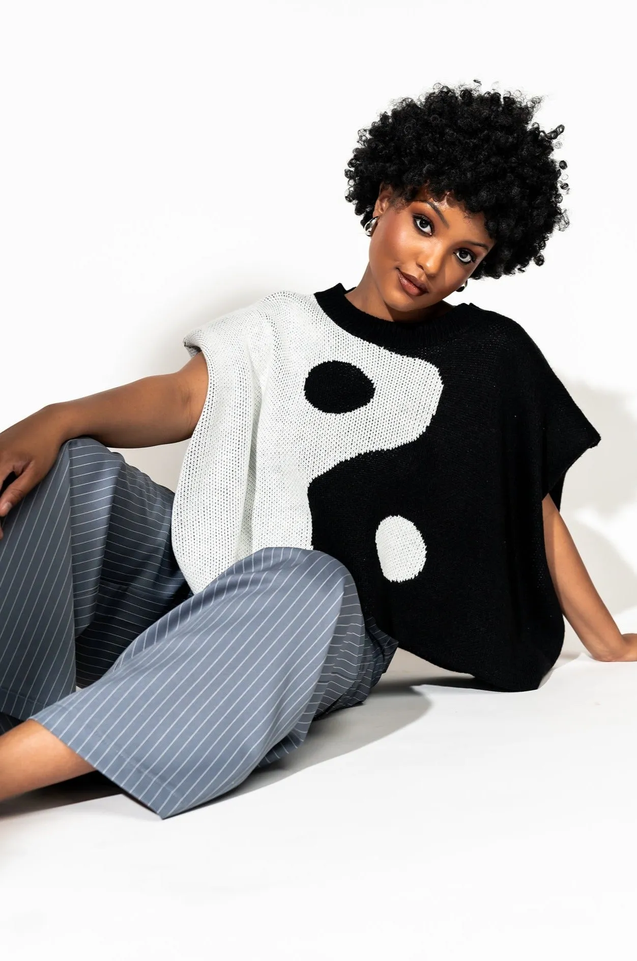 Lover Girl Knit Shoulder Pad Top in Yin and Yang