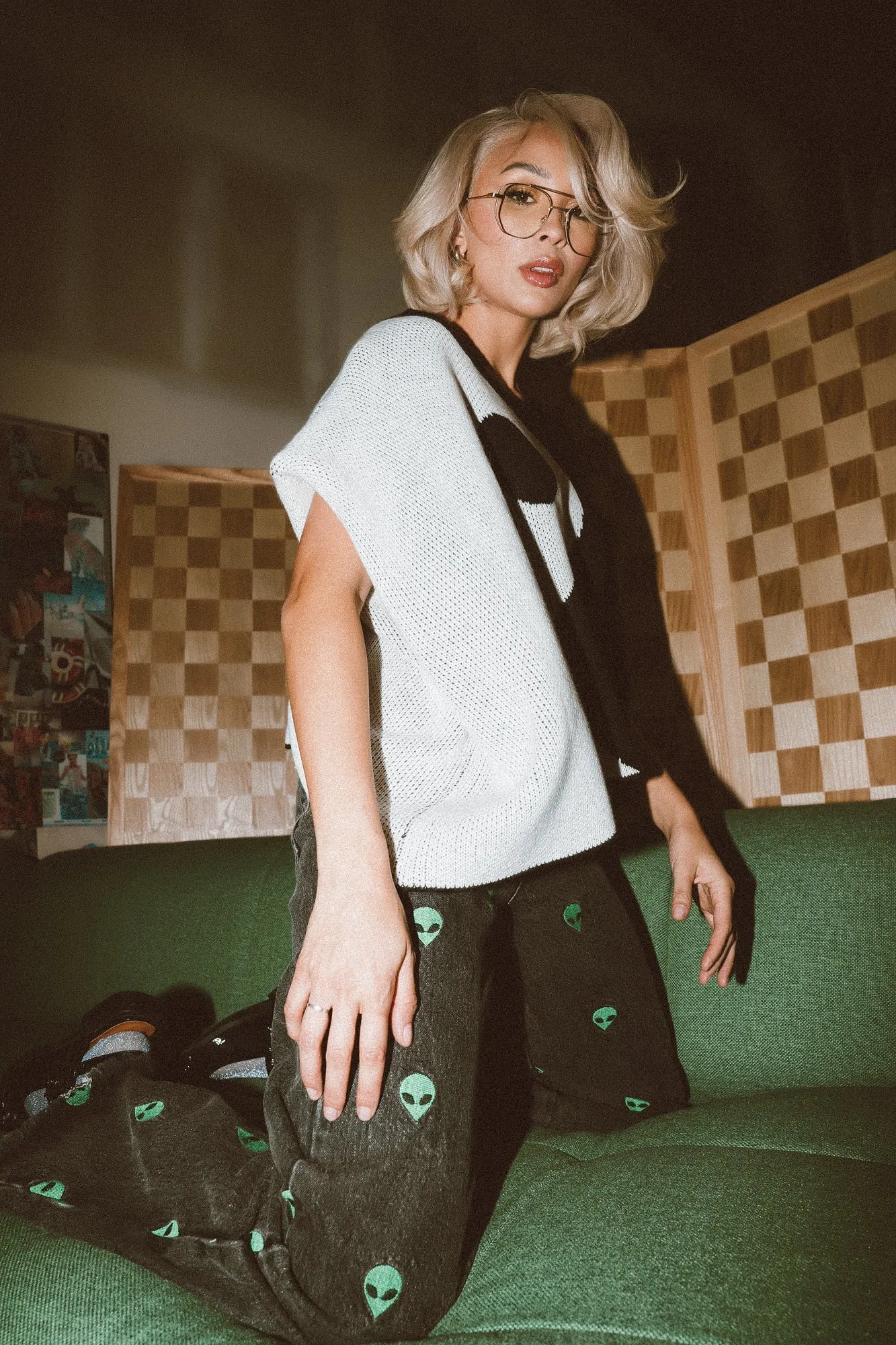 Lover Girl Knit Shoulder Pad Top in Yin and Yang