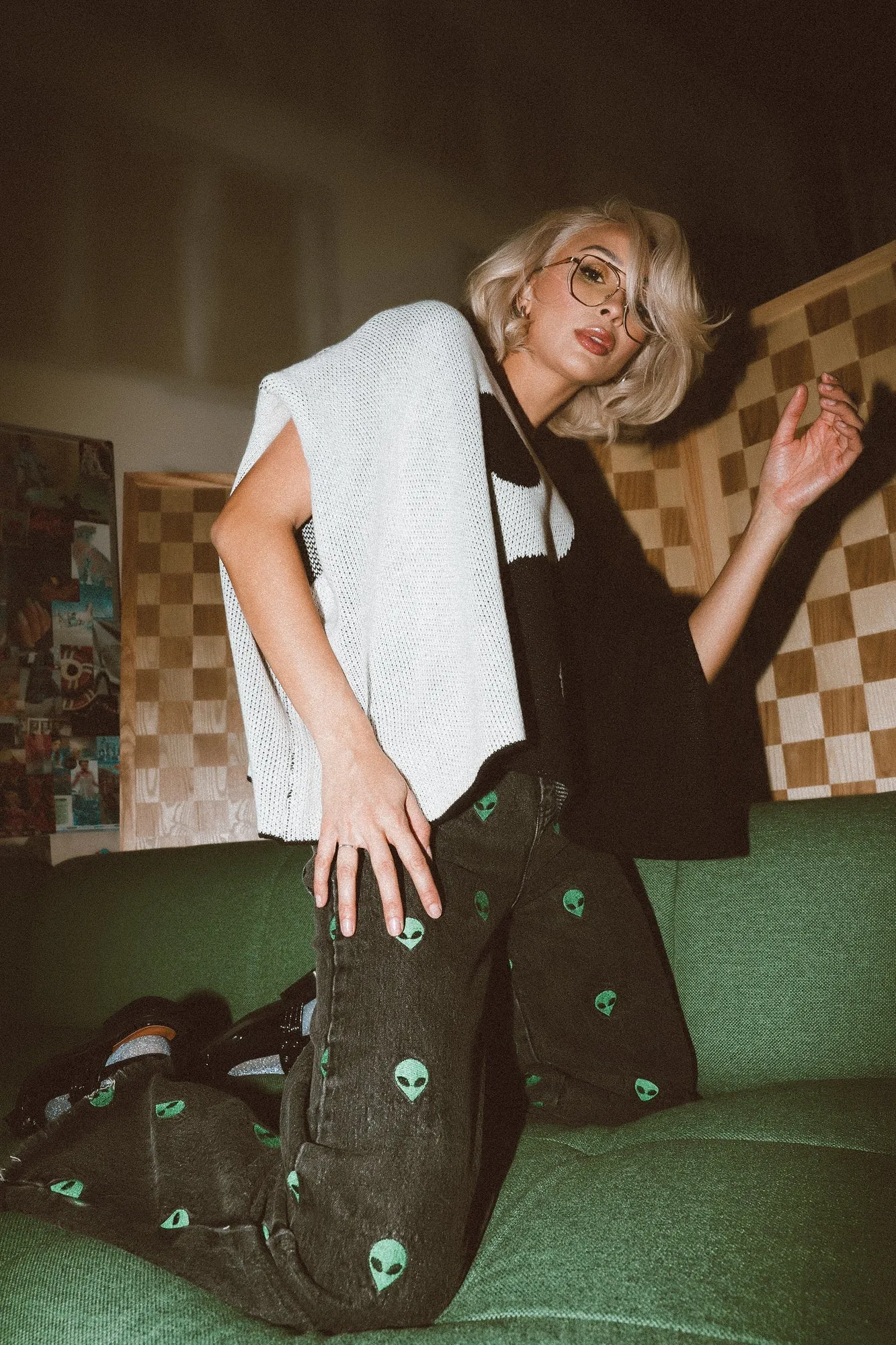 Lover Girl Knit Shoulder Pad Top in Yin and Yang