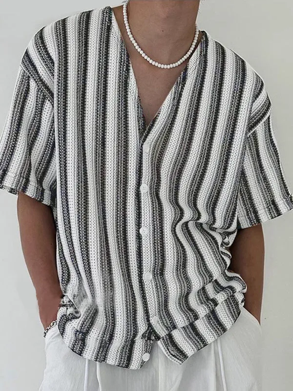 Mens Hollow Out Striped V-Neck Short-Sleeve Shirt SKUK74064