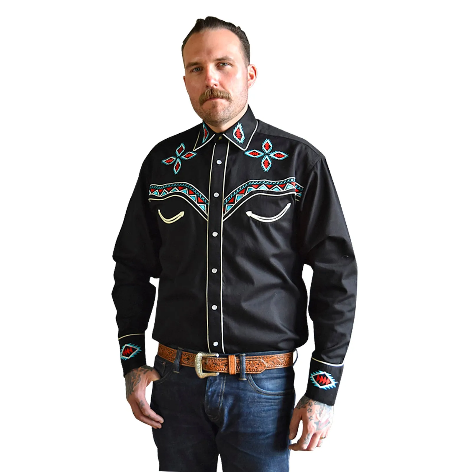 Men's Native Pattern Embroidery Black Western Shirt