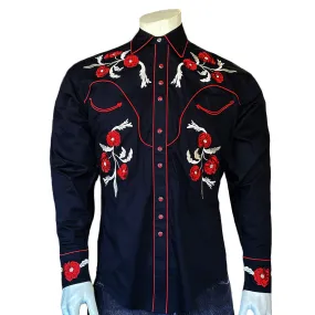 Men's Vintage Cascading Floral Embroidery Black Western Shirt