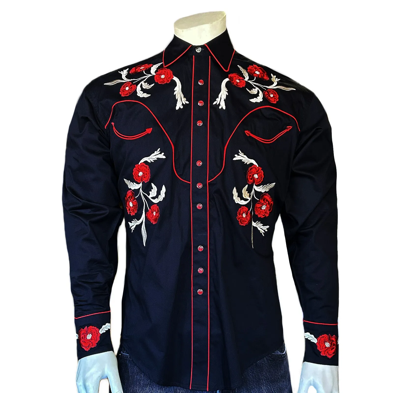 Men's Vintage Cascading Floral Embroidery Black Western Shirt