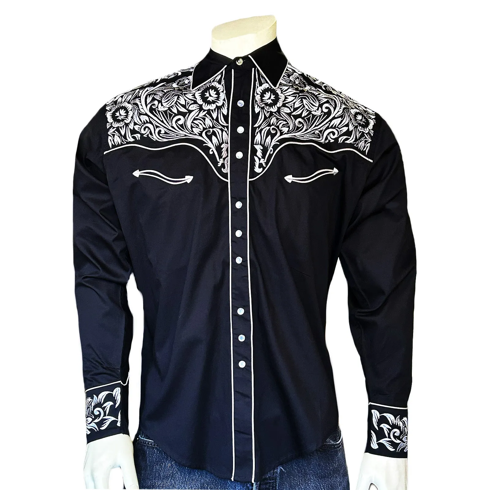 Men's Vintage Tooling Embroidered Black & Silver Western Shirt