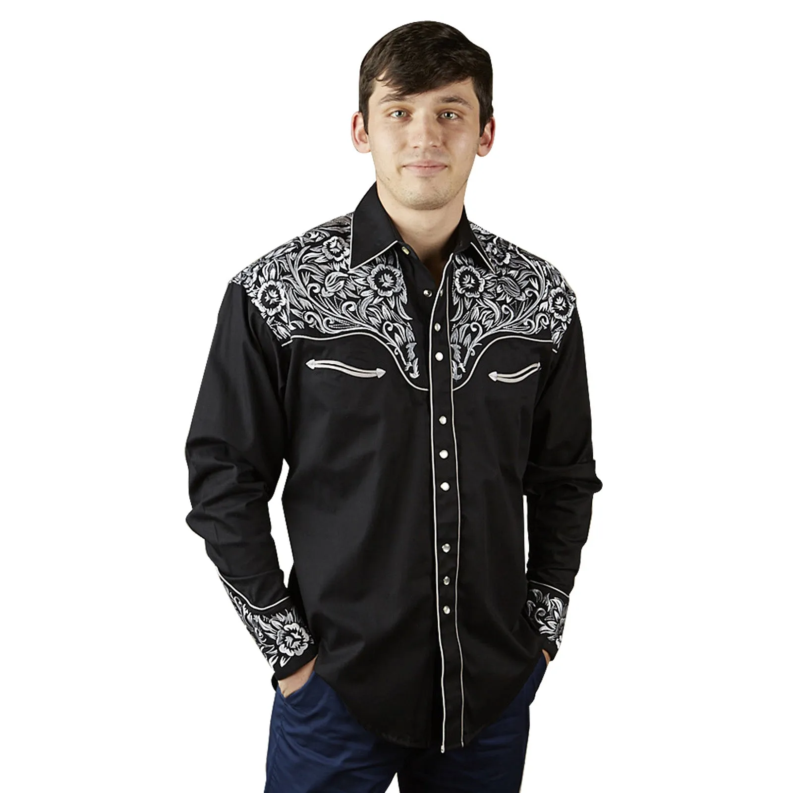 Men's Vintage Tooling Embroidered Black & Silver Western Shirt