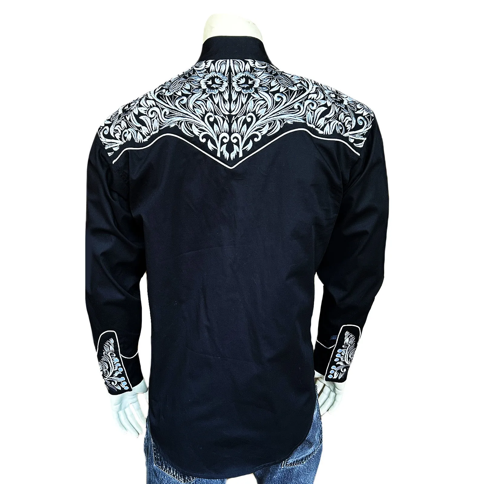 Men's Vintage Tooling Embroidered Black & Silver Western Shirt