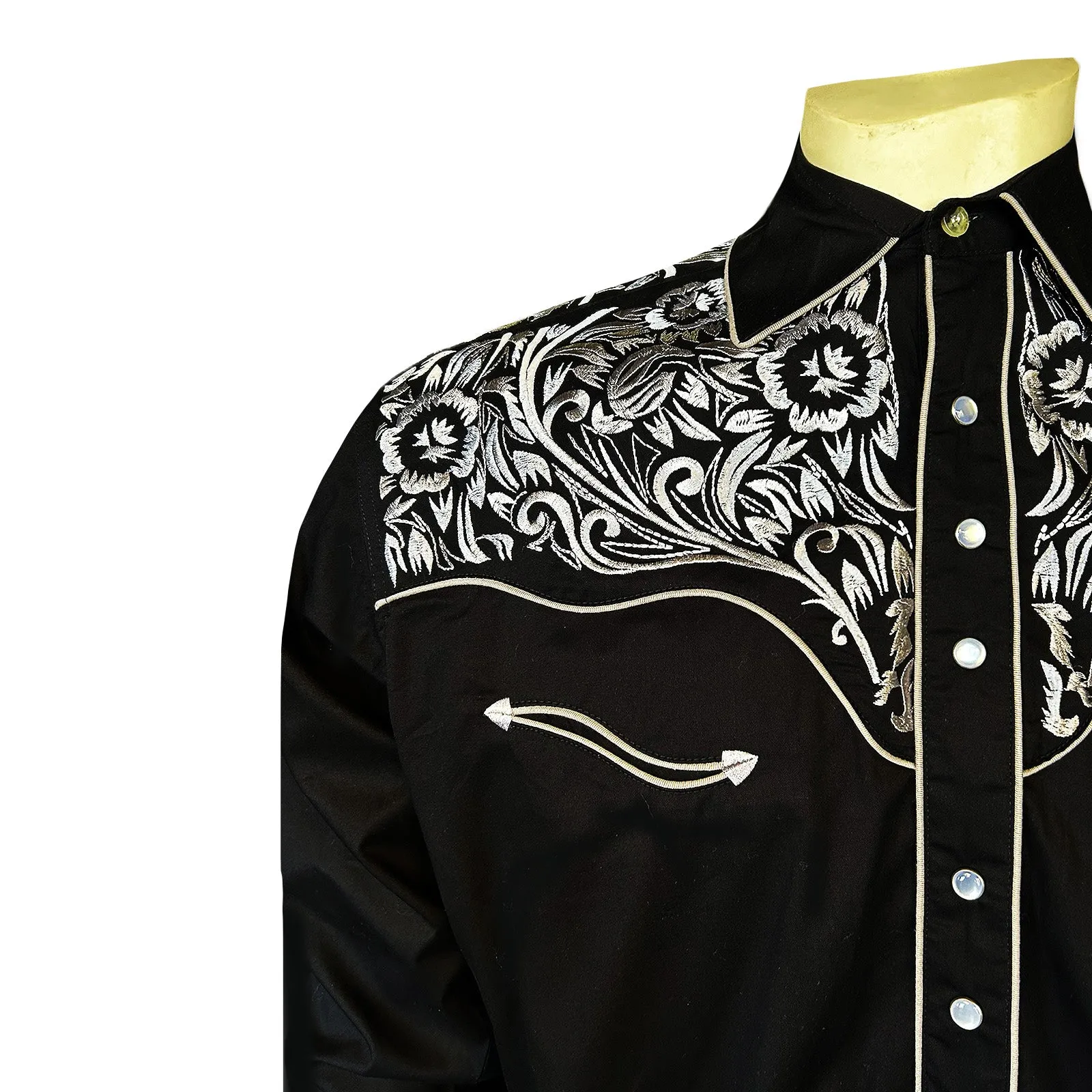 Men's Vintage Tooling Embroidered Black & Silver Western Shirt
