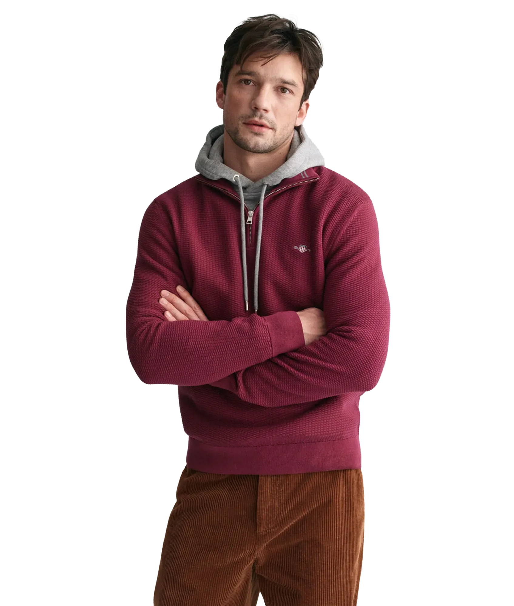 Micro Textured Cotton Half-Zip Sweater - Red