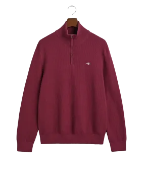 Micro Textured Cotton Half-Zip Sweater - Red