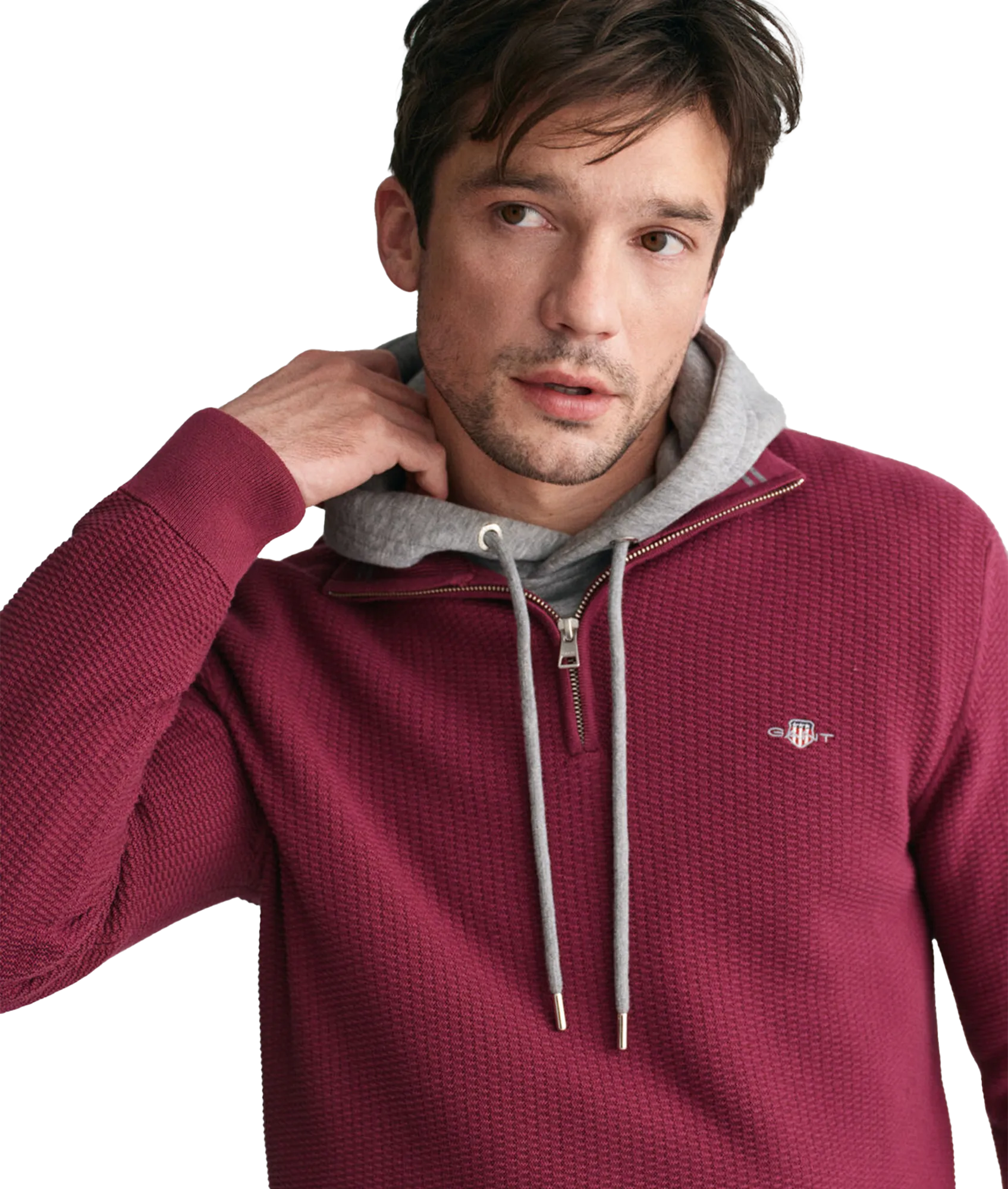 Micro Textured Cotton Half-Zip Sweater - Red