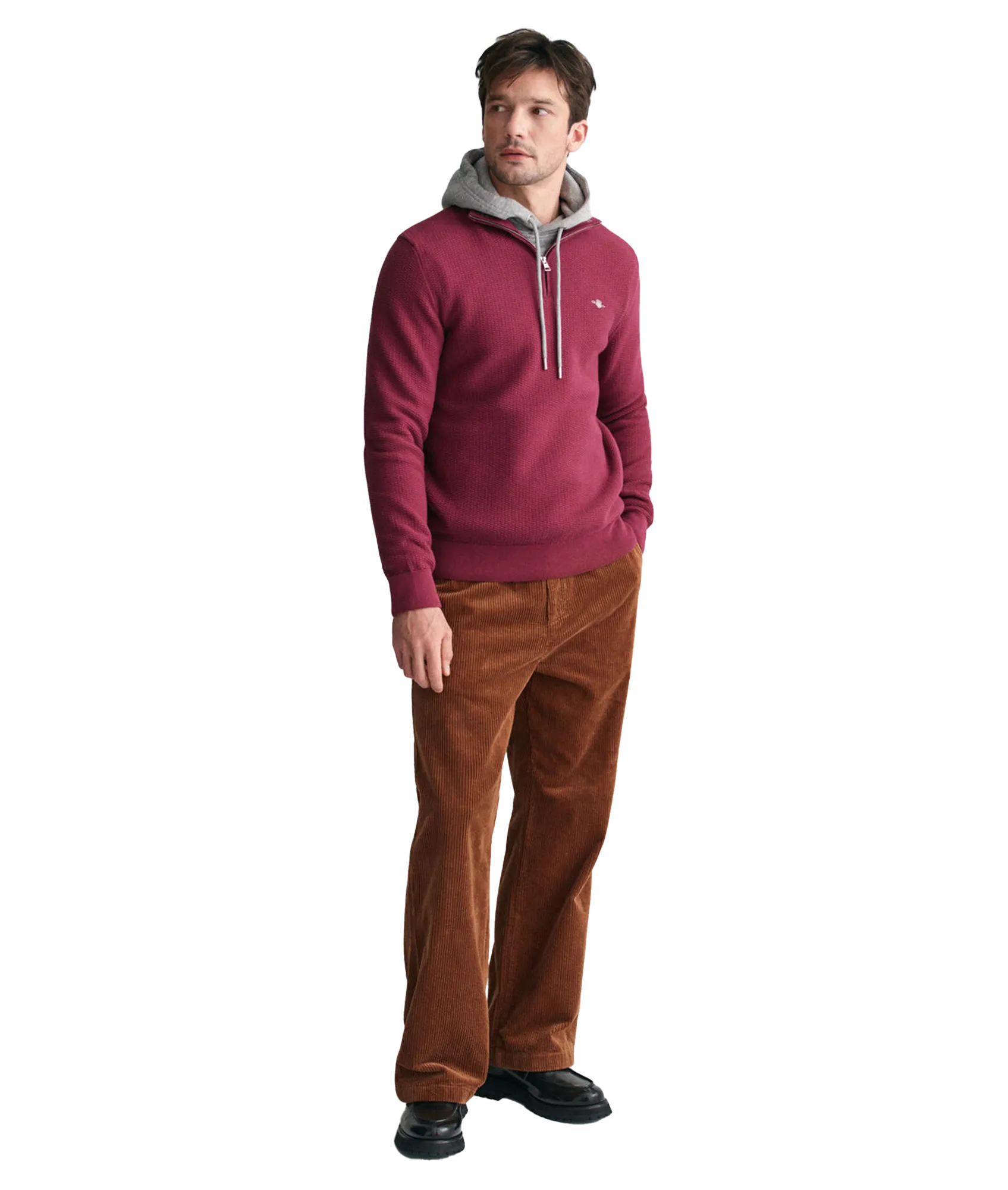 Micro Textured Cotton Half-Zip Sweater - Red