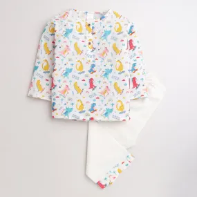 Polka Tots Full Sleeves Dinosaur print Kurta Pyjama Set - White