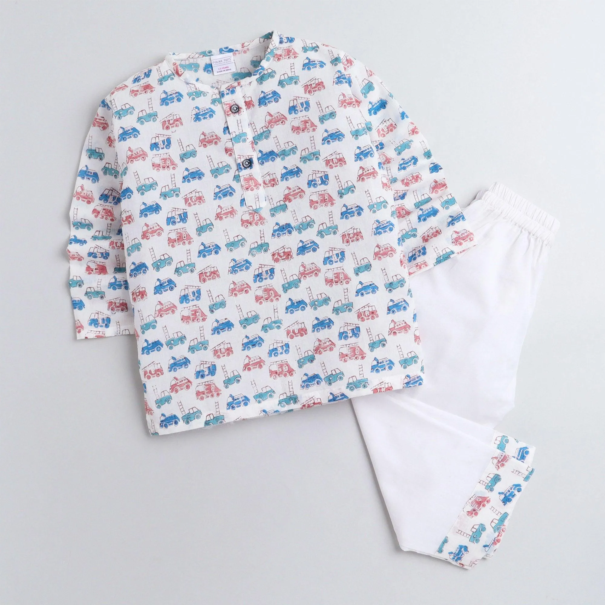 Polka Tots Kurta Pajama for Kids 100% Super Soft Cotton Night Suits for Boys & Girls Vehicles White