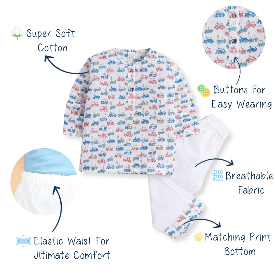 Polka Tots Kurta Pajama for Kids 100% Super Soft Cotton Night Suits for Boys & Girls Vehicles White