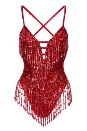 Shimmy Shimmy Sequin Bodysuit in Ruby