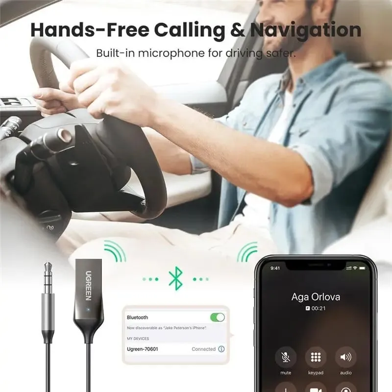 UGREEN 3.5mm Aux to Bluetooth 5.3 Receiver For Car, USB 2.0 to 3.5mm Jack Kit with Built-in Microphone Aux Input for Hands-Free Calls Compatible with Car Speaker and Home Audio (70601)
