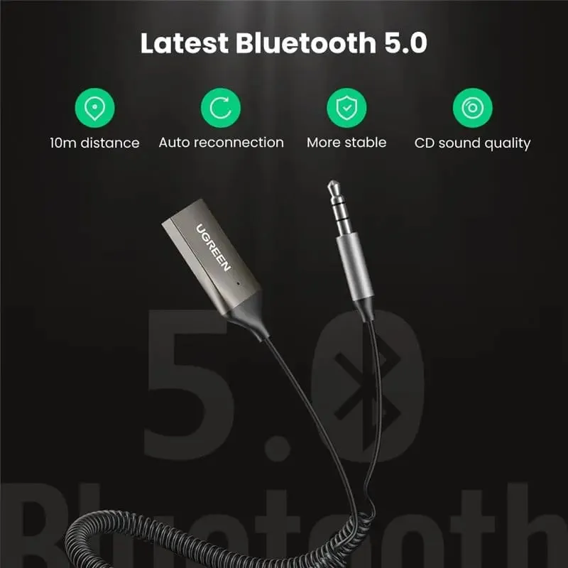 UGREEN 3.5mm Aux to Bluetooth 5.3 Receiver For Car, USB 2.0 to 3.5mm Jack Kit with Built-in Microphone Aux Input for Hands-Free Calls Compatible with Car Speaker and Home Audio (70601)
